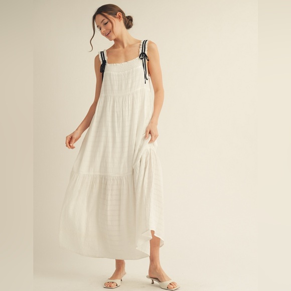 #50 White Tiered Maxi Dress with Black Tie Straps